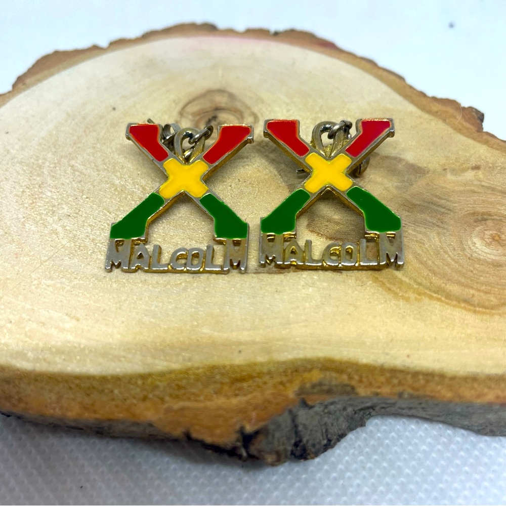 Vintage Malcolm X Red Yellow Green Enamel Pierced Earrings Silver Tone
